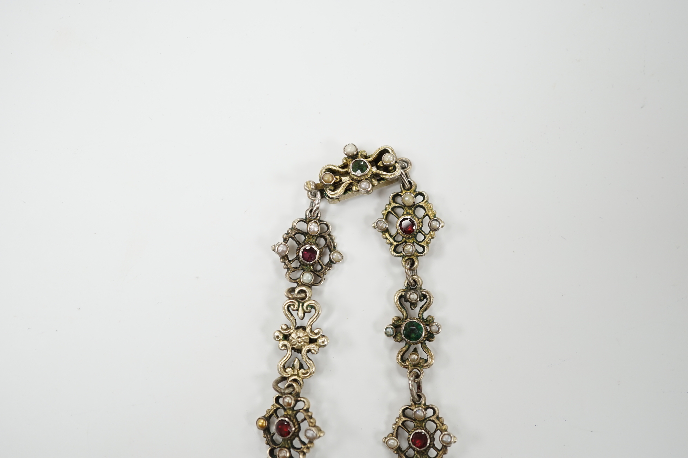 A 19th century Austro-Hungarian baroque pearl and gem set silver gilt necklace, 23cm
